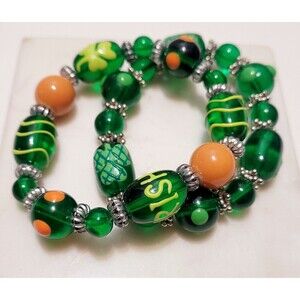 Green Glass Beads Bracelets Handpainted Irish Stretch Set Of 2